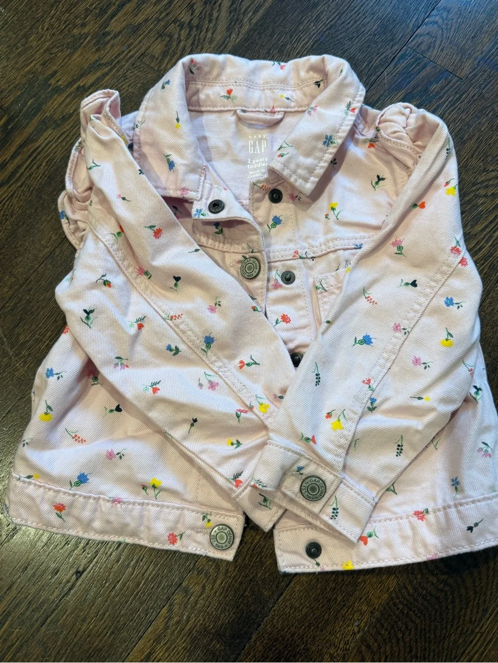 GAP Pink Floral Ruffle-Shoulder Jean Jacket